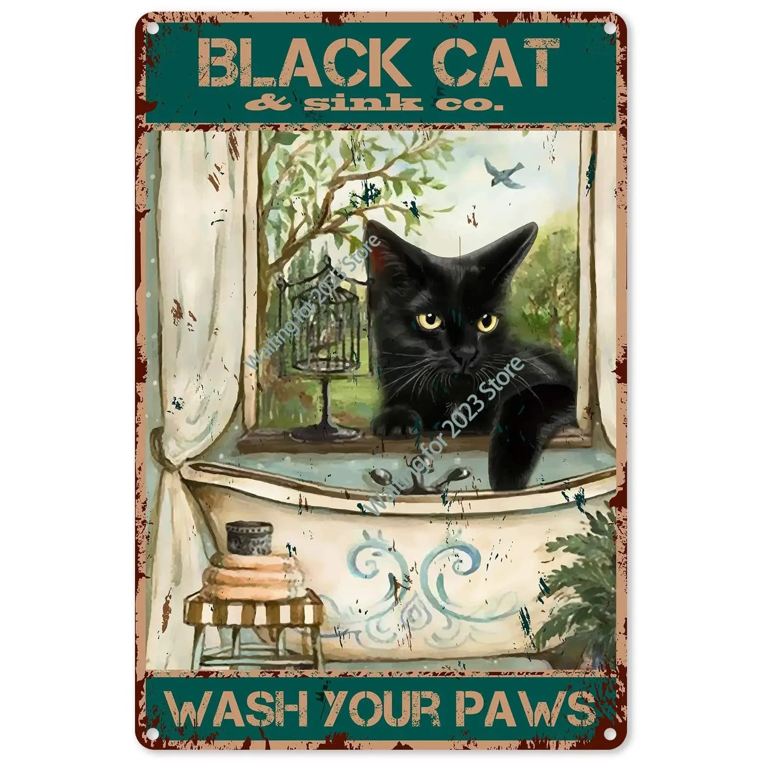 

Funny Bathroom Quote Metal Tin Sign Wall Decor - Vintage Black Cat Wash Your Paws Tin Sign for Office/Home/Classroom Bathroom