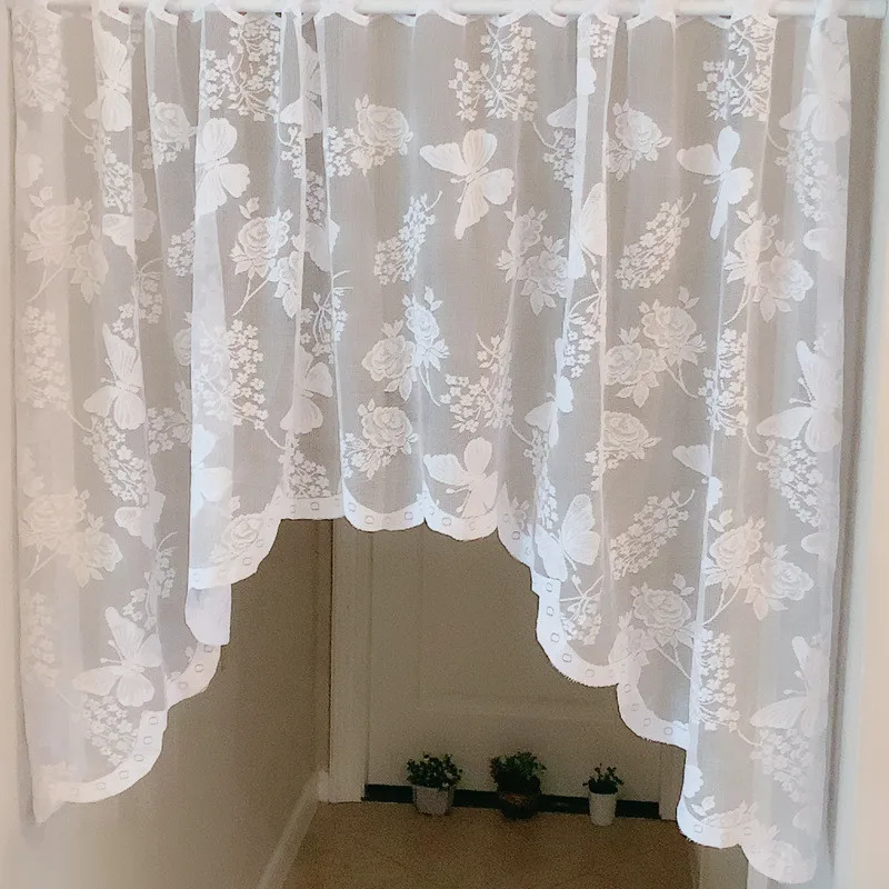

French Retro Lace Short Tulle Curtain For Kitchen Bedroom Door White Butterfly Flower Decor Partition Half Coffee Sheer Panel