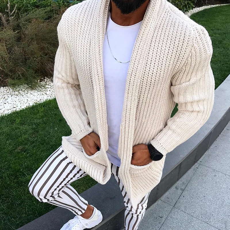 

Slim Fashion Sleeve Long Coat Streetwear Tricot Men's Color Casual Winter Warm Pocket Solid Cardigans Sweaters Knitted Male Fit
