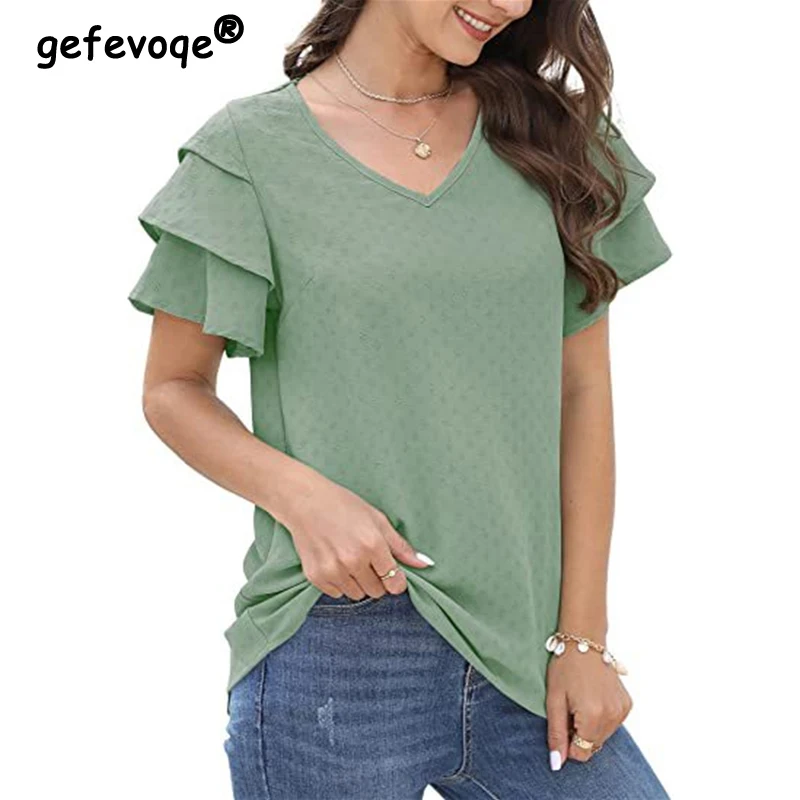 

Womens Clothing 2023 Summer New Fashion Ruffle Short Sleeve Loose Elegant T-shirts Office Lady Casual V Neck Solid Pullover Tops
