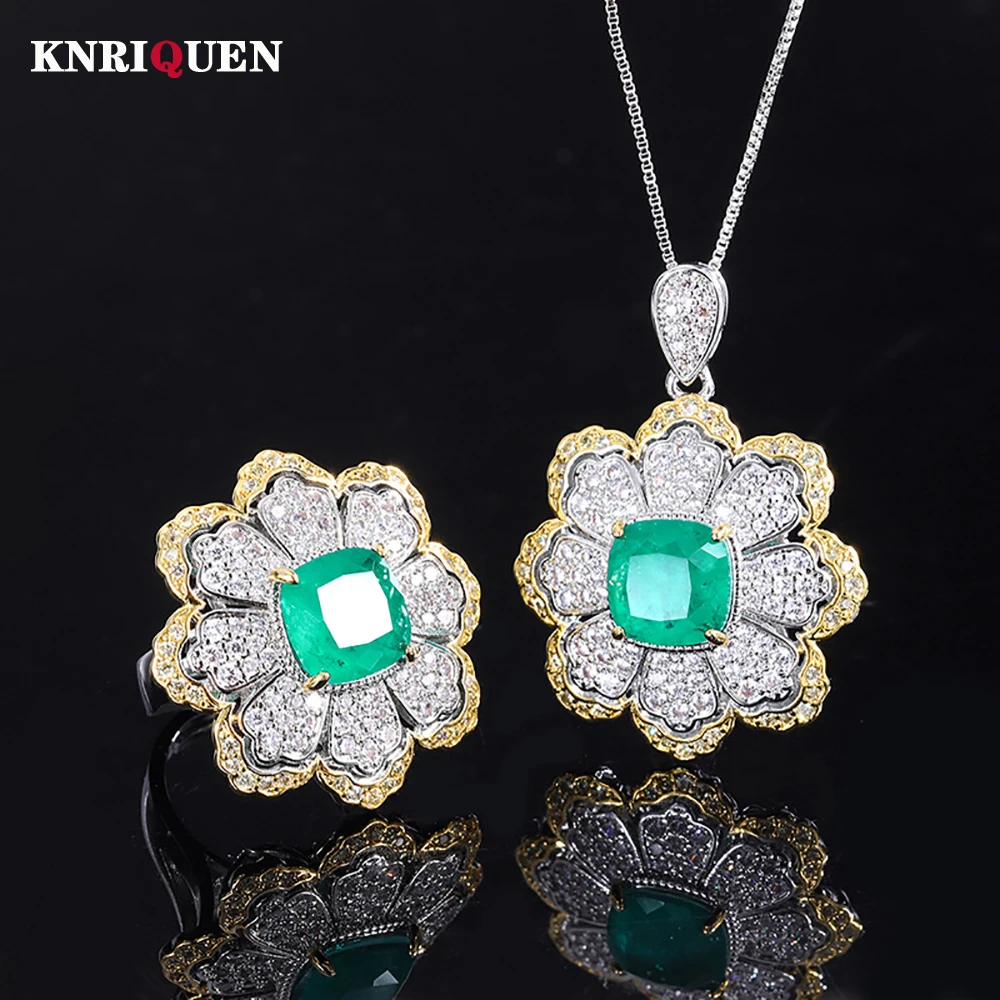 

Luxury 925 Sterling Silver 10*10mm Green Tourmaline Flower Pendant Necklace Rings for Women Lab Diamond Wedding Fine Jewelry Set