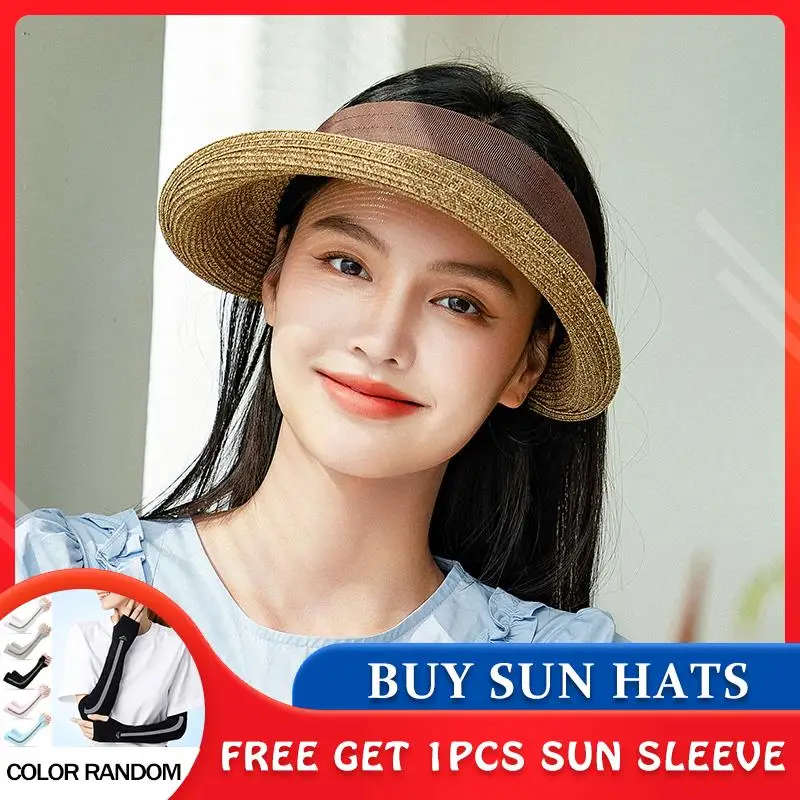 

[PTAH] Summer Empty Top Hat Sun Cap Portable Beach Hats Wide Brim Women Sun Hat Fashion Casual Straw Caps Visors UV Protection