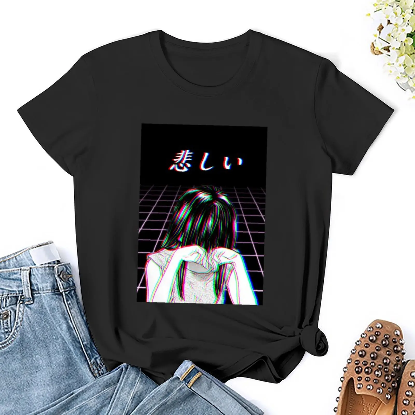 Грустная японская эстетика манга W/Женская милая одежда футболки винтажная