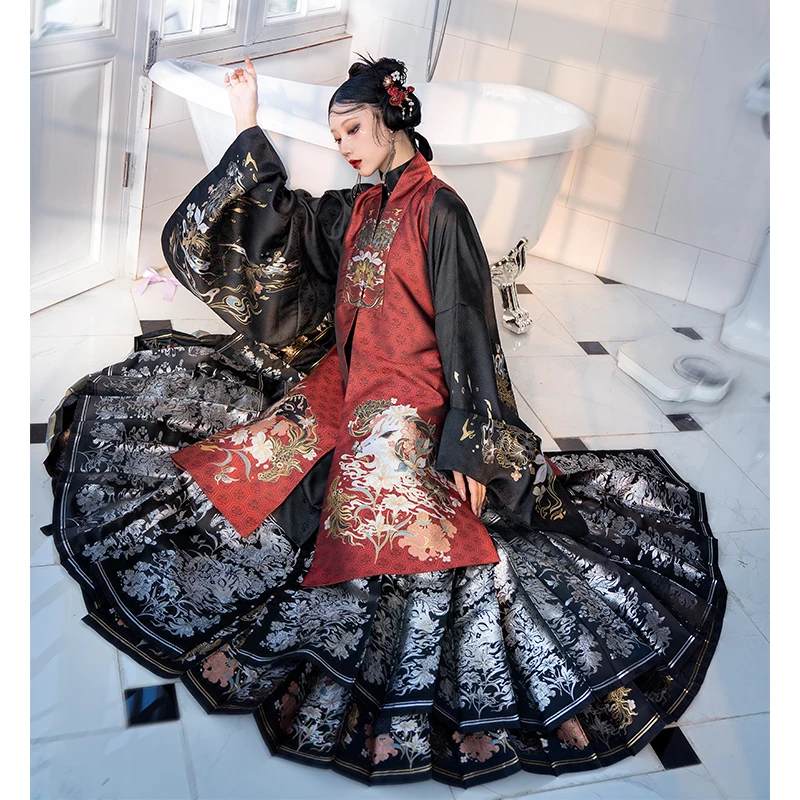 Original Dresses for Women Ming Dynasty Hanfu Robe Flower Horse Face Skirt Jacket Woven Gold Suit Dark Weave Brocade Costume Set