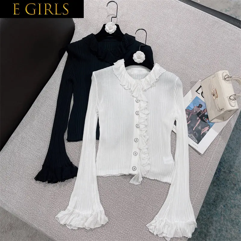 J GIRLS 2022 Autumn New Arrivals Long Flare Sleeve Ruffles Collar Single Breasted Buttons Slim Knitting Shirt Women GG092