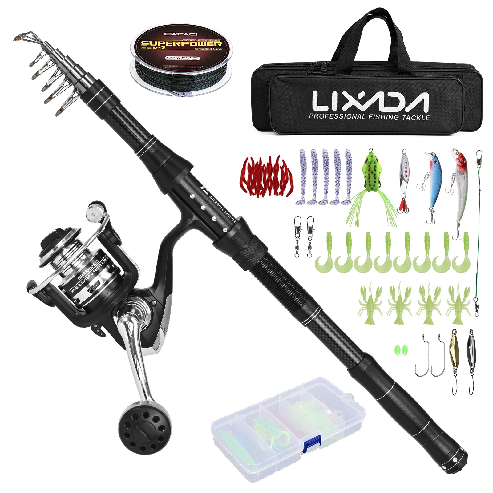

Fishing Rod and Reel Combos Telescopic with Spinning Reel Combo Kit Fishing Line Lures Hooks Set with Carry Bag