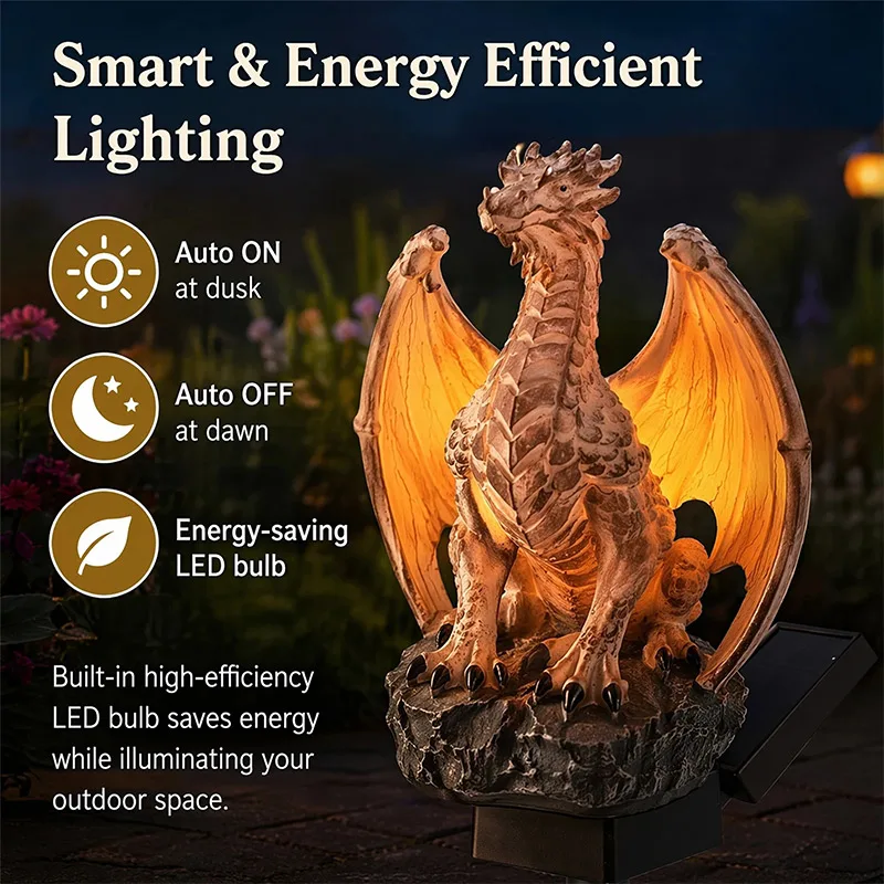 Фото Садовый светильник Dragon Legacy Golden Ember Edition, солнечная лампа-статуя для улицы, готический средневековый фэнтезийный декор для дома и сада №3