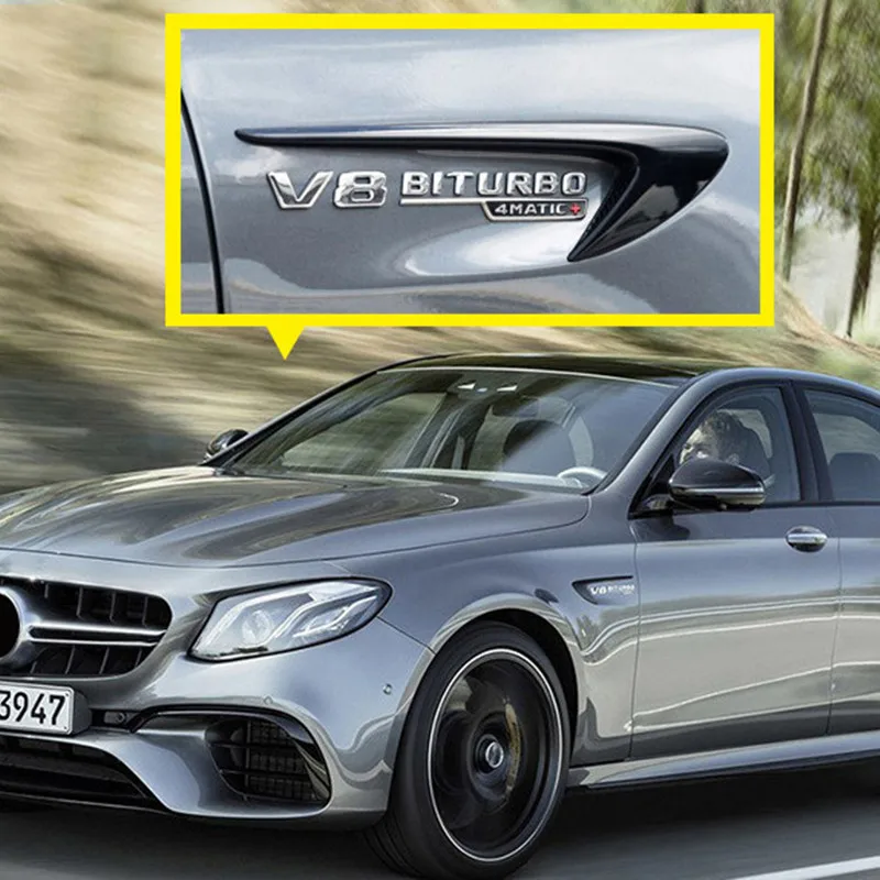 

2pcs Vent Fender Trim Emblem Blade Logo V8 BITURBO 4MATIC+ for Mercedes Benz AMG V8 C200 C300 E300 E400 W213 Car Side Sticker