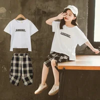 2022 teens summer girls clothes outfits baby kids short sleeve portrait t shirt plaid pants child 5 6 8 9 10 11 12 13 years