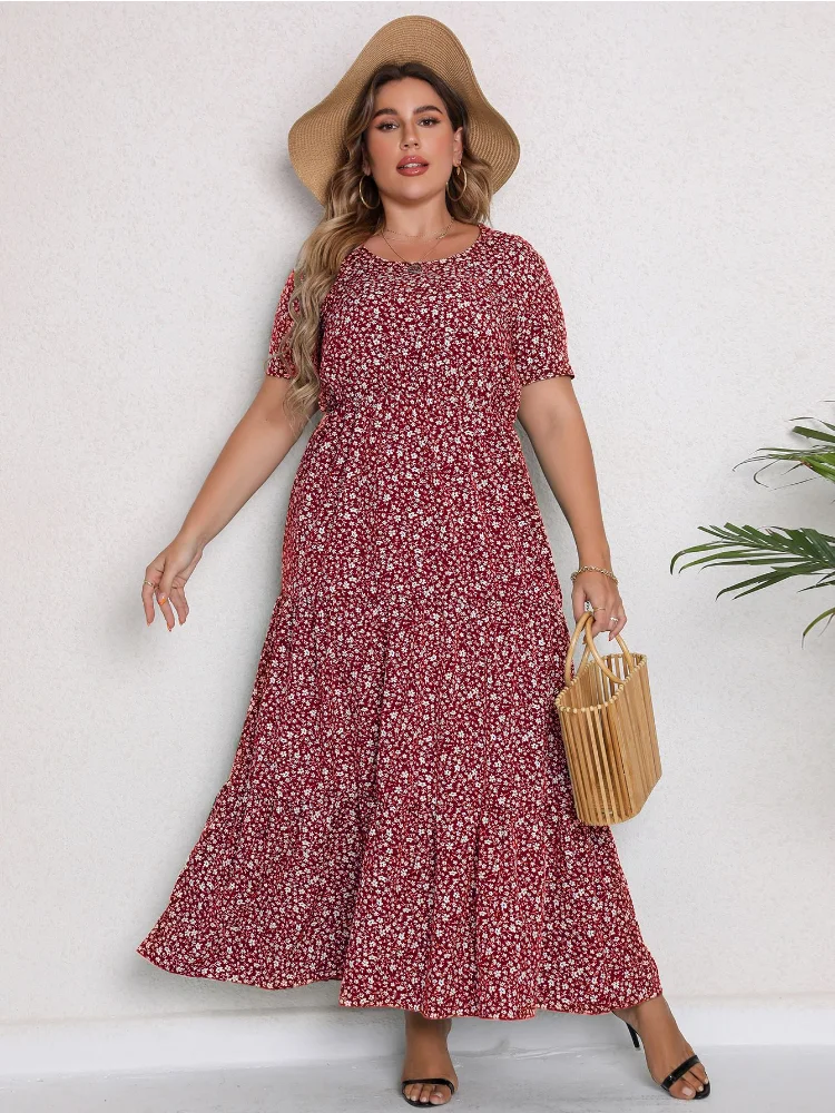 Plus size women summer new short-sleeved round neck dress long skirt plus size dresses summer dress women