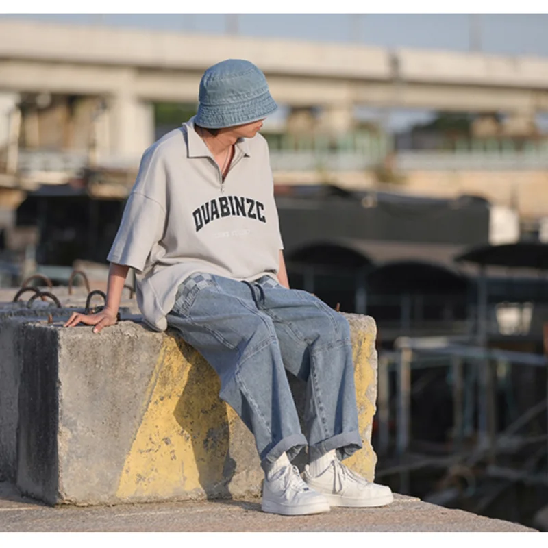 Men Clothing 2022 New Pattern Vintage Chessboard Splicing Recreational Blue Jeans Loose Straight Cylinder Trousers Autumn Female