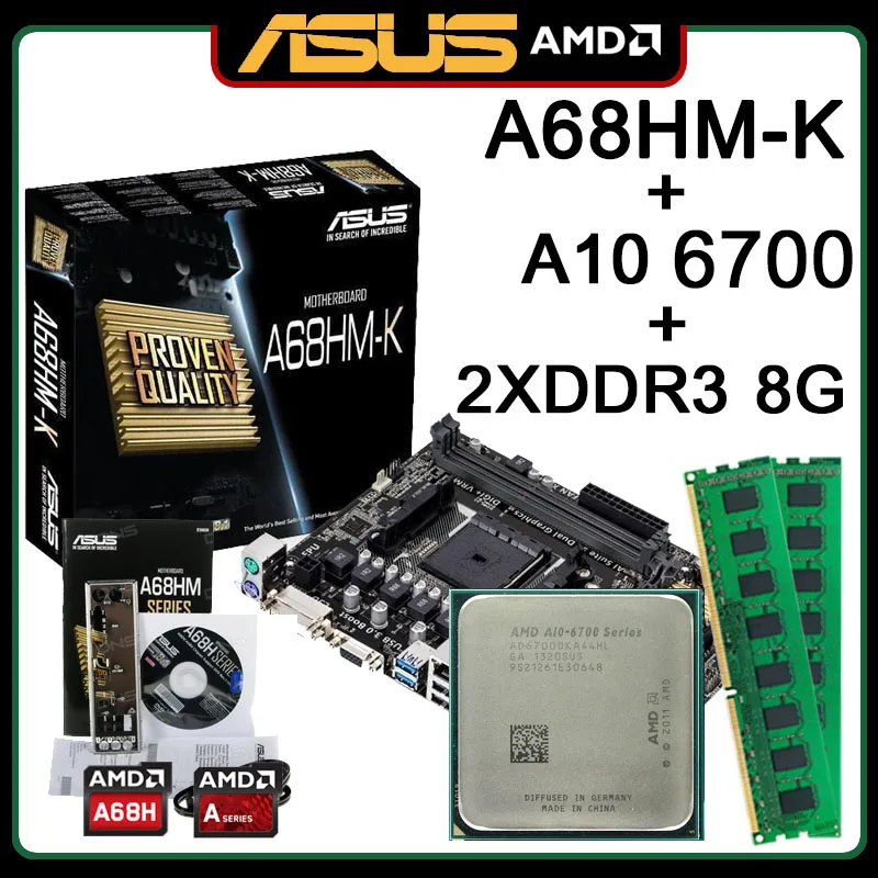 

Socket FM2/FM2+ Motherboard set ASUS A68HM-K Motherboard kit with A10 6700 and 2*8G DDR3 AMD A68H PCI-E 3.0 Micro ATX