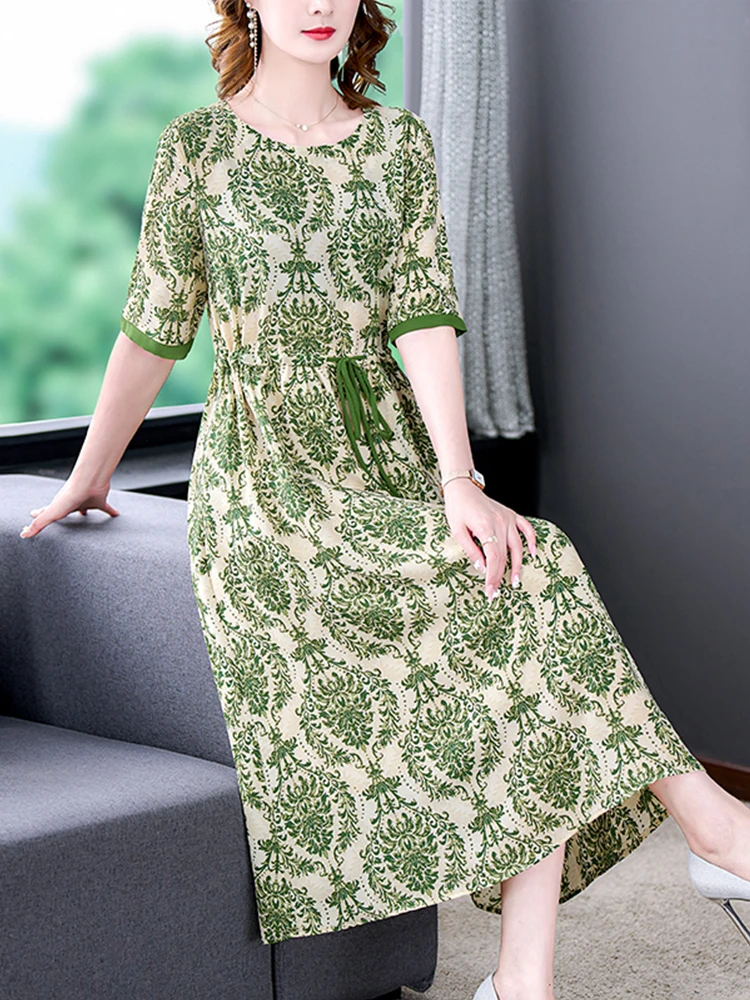 

Women Elegant Midi Tuniki Summer Dress 2023 Mulberry Silk Vintage Green Floral Korean Fashion Party Bodycon Beach Robe Longue