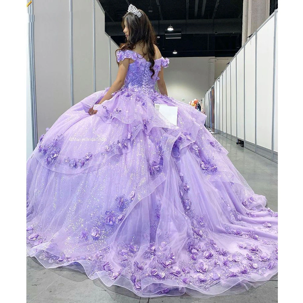 

ANGELSBRIDEP Lilac Ball Gown Quinceanera Dresses Shiny Celebrity Party Gowns 3D Appliqued Flowers Graduation Vestidos De 15 Años
