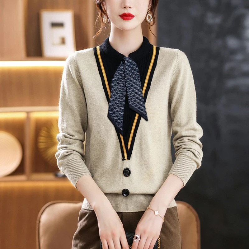 

Women's Sweater Bow Patchwork Elegant Knitted Sweater Autumn Winter Female Pullover O Neck Scarves Long Sleeve Tops Chic Jumpers