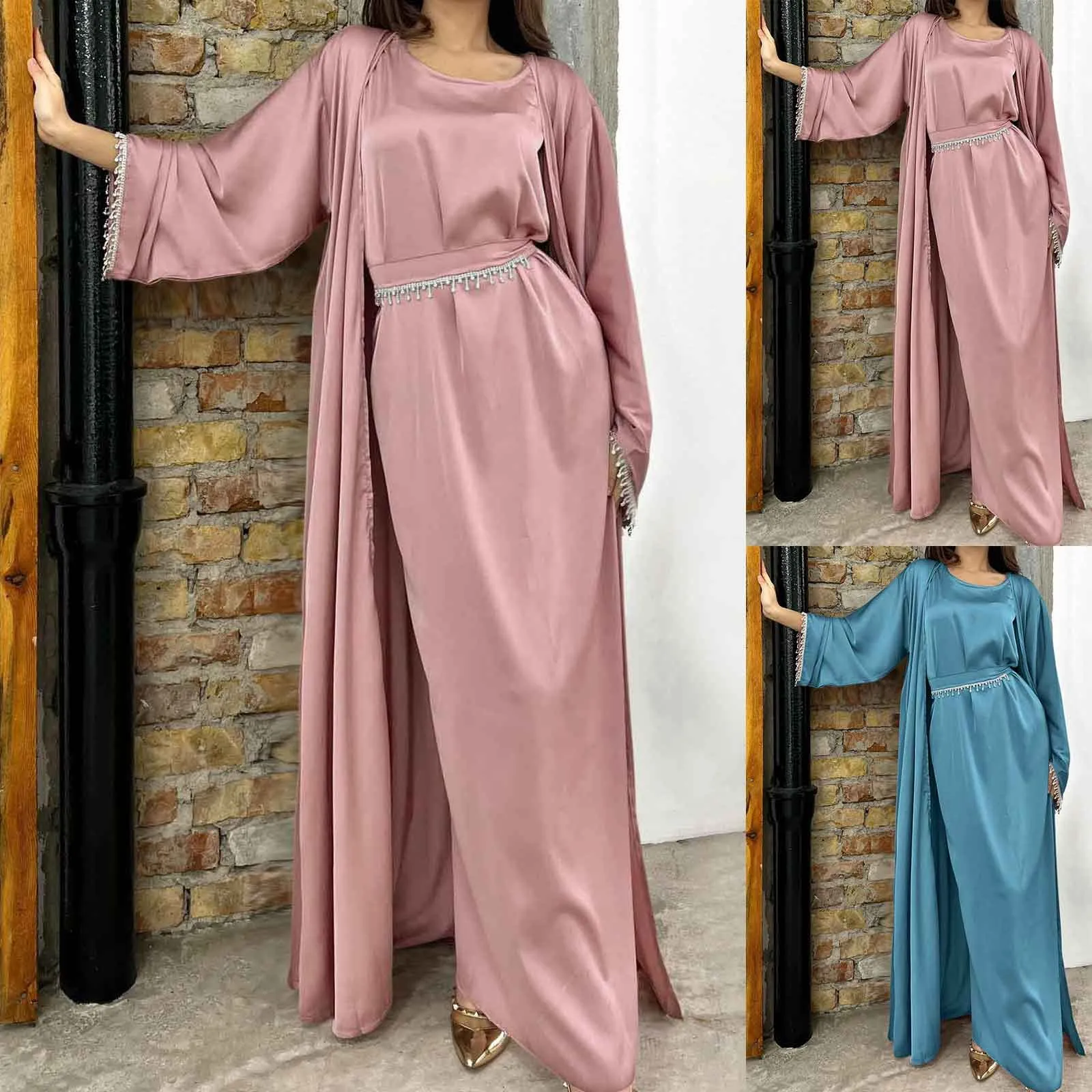 Атласное открытое кимоно с бусинами Abaya мусульманское женское роскошное