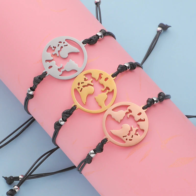 

10Pcs/Lot Braided Rope Charm Bracelet Best Wishes Stainless Steel Map Wish Bracelets for Women Men Kids Jewelry