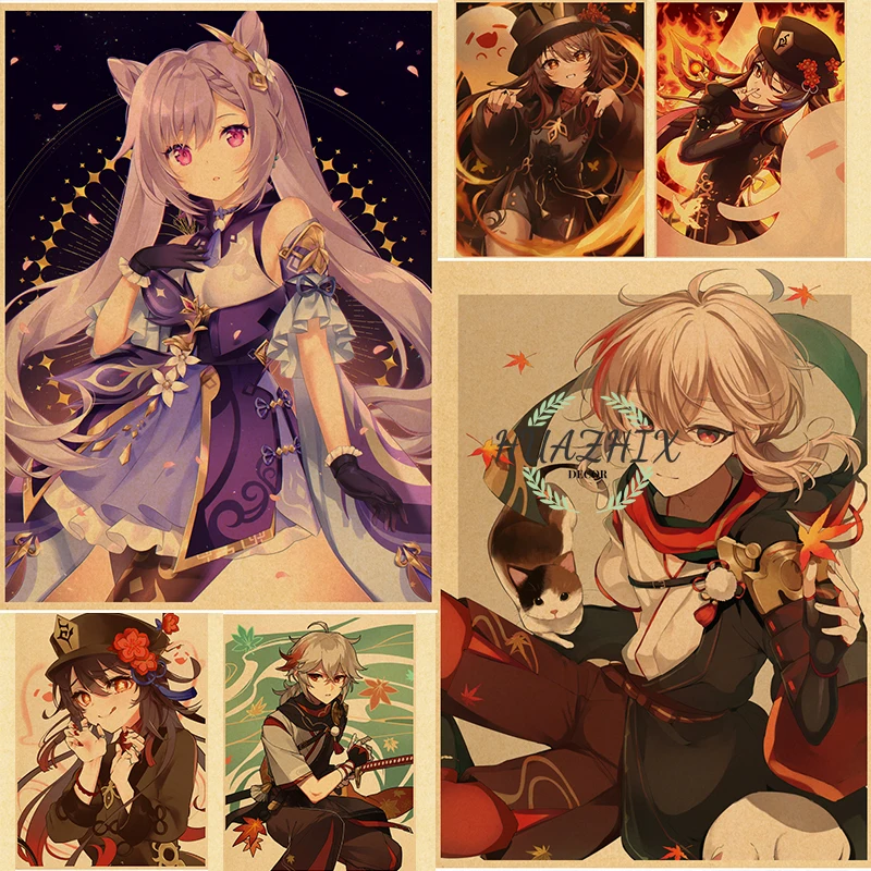 

Hutao Genshin Impact Anime Posters Kraft Paper Framed Print Ke Qing Home Room Study Bedroom Cafe Wall Paintings Home Decoration