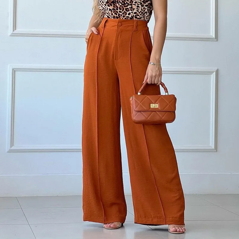 

Spring/summer thin trousers solid color loose pleated wide-leg slacks,semi-elasticated waistband women pants trousers streetwear
