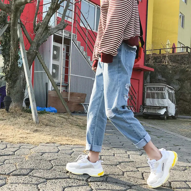 Summer Ripped Jeans Men's Loose Casual Student Versatile Cropped Pants Korean Style Trendy Light Color Pants Men's and Women's T