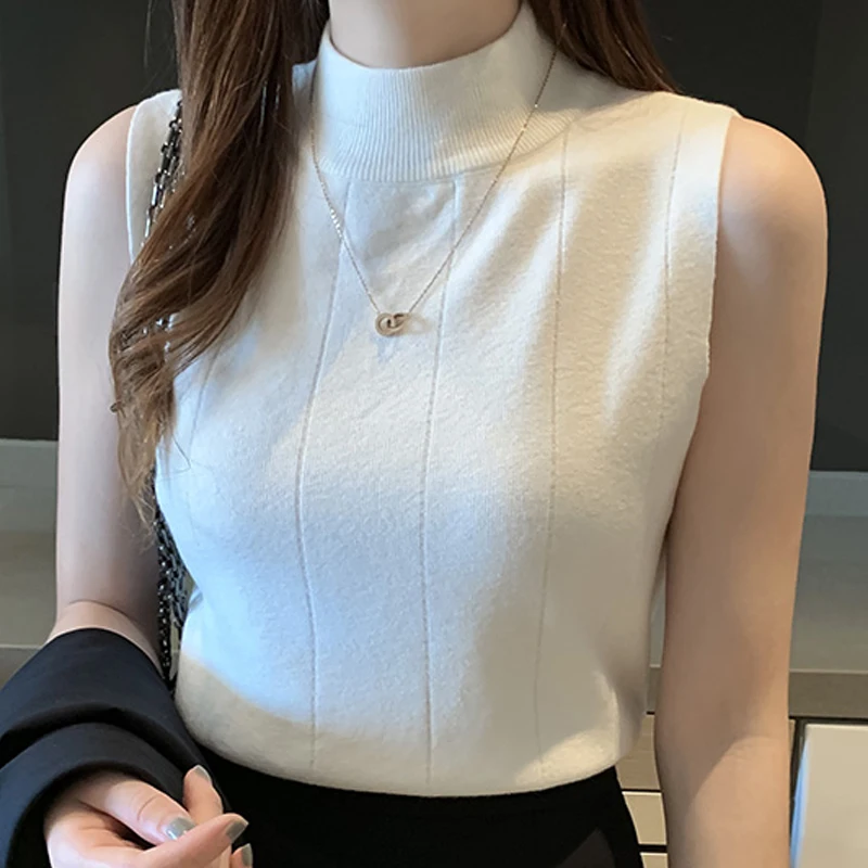 

Blouses Top Femme Knit Blouse Women Blusas Mujer De Moda Verano Sleeveless Turtleneck Knitted Blouse Shirt Tops Women
