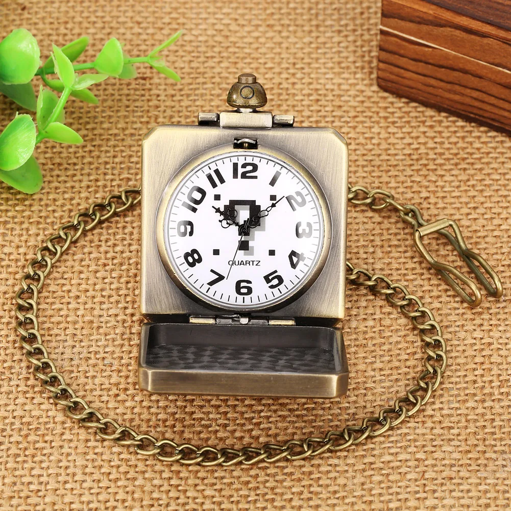 New Quartz Pocket Watch Pendant Creative Square Fun Question Mark Pattern Bronze Fob Watch Necklace Analog Clock Gift for Men