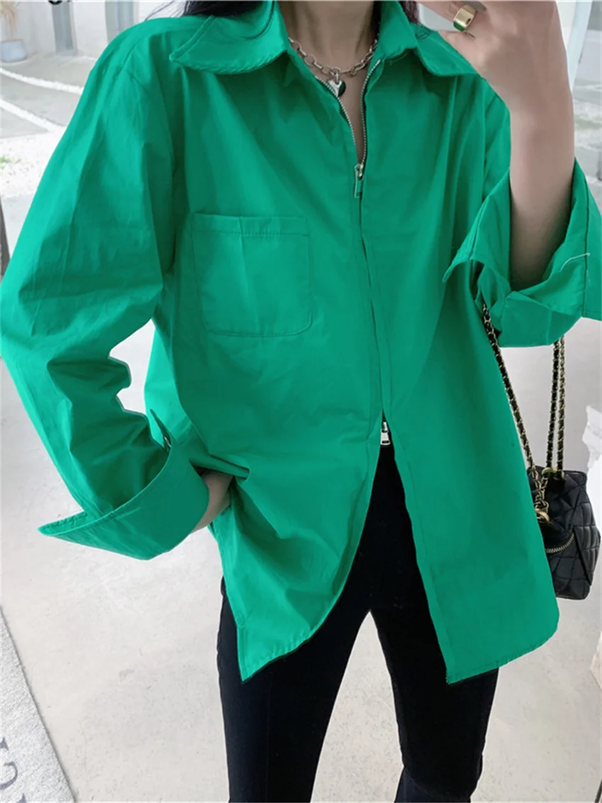 

HziriP Hot Sale Zipper Oversize Shirts Women Solid Loose All Match Streetwear 2022 Stylish OL Mujer Casual Mid-Length Blouses
