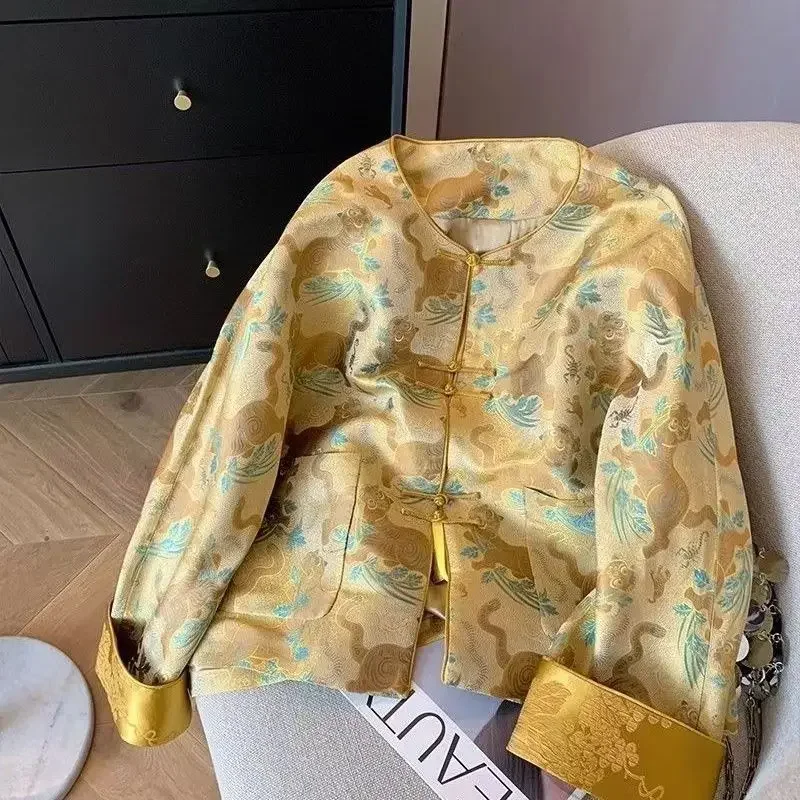 Желтый тигровый тотем жаккардовый костюм в китайском стиле топ куртки большого