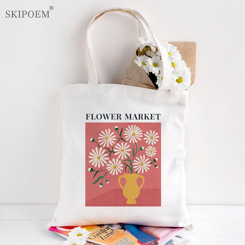 

Canvas Tote Bag Shoppers Bags Large Capacity reusable Messenger Hand Bag Women Flower harajuku Art kawaii aesthetic Cloth bag