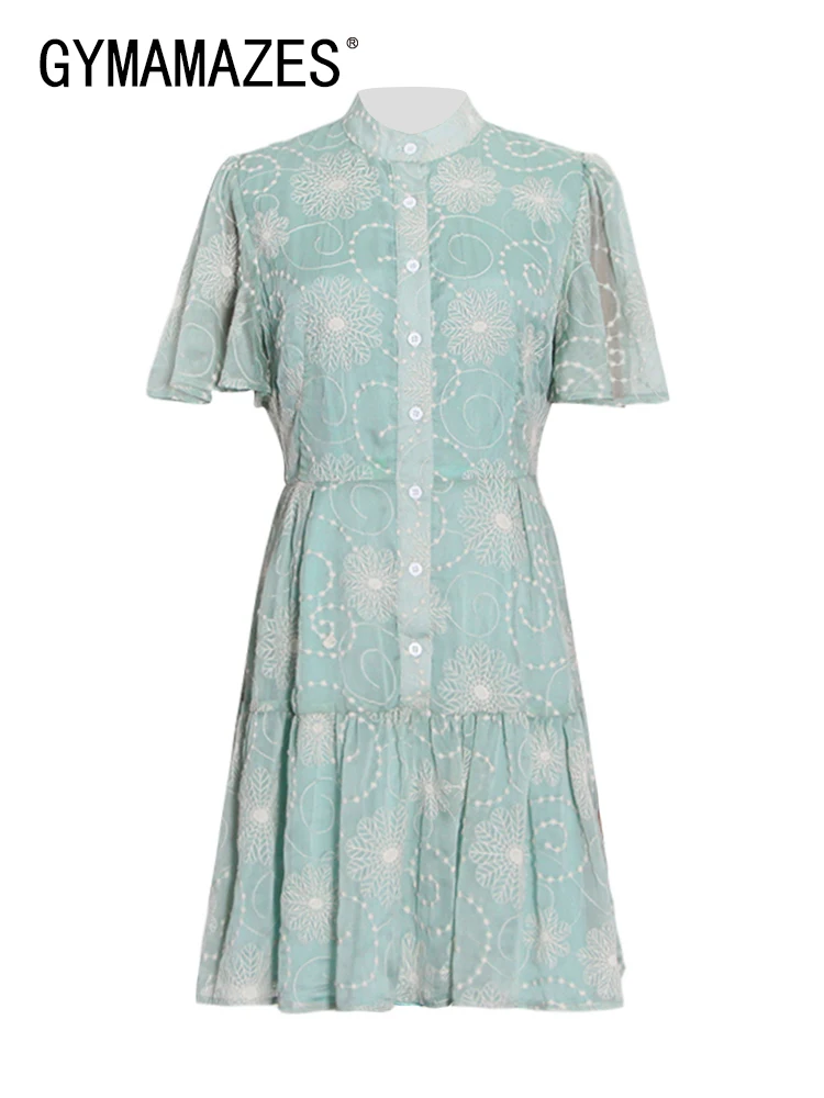 

GYMAMAZES Patchwork Embroidery Print Mini Dress For Women Stand Collar Short Sleeve High Waist Color Block Dresses Female Style