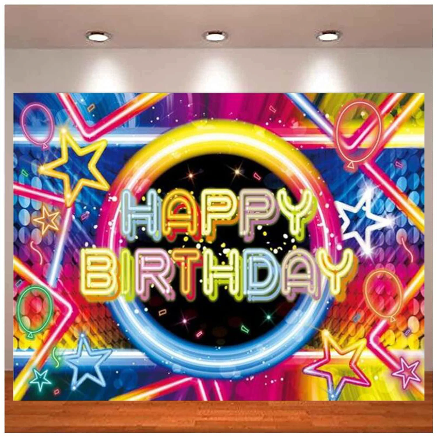 

Glow In The Dark Birthday Backdrop Colorful Neon 80s 90s Bday Crazy Sleppover Party Supplies Banner Abstract Background Decor