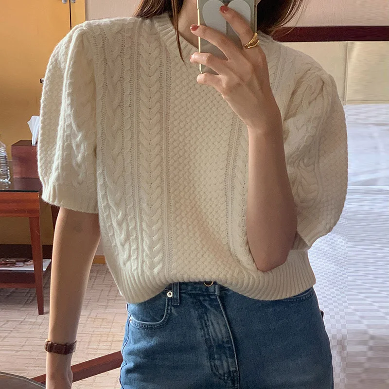 

Sweater Womens Clothing Korean Traf Chic Spring French style round neck loose casual solid color bubble sleeve knitted cardigan