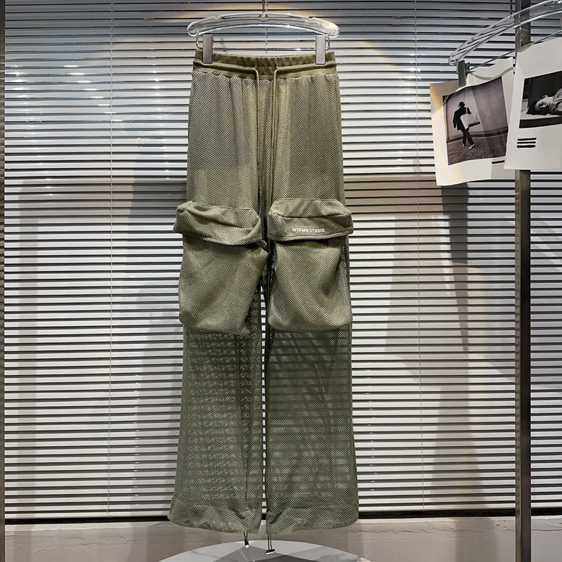 

BORVEMAYS Mesh Patchwork Thin Straight-leg Pants Women Personality All-match High Waist Pockets Hollow Out Trousers WZ1346