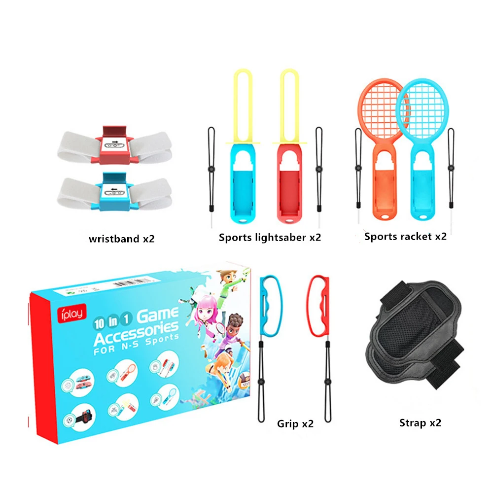 

10 in 1 Somatosensory Sports Game Set with Grip Wrist Strap Strap Lightsaber Tennis Racket for Nintendo Switch Sports