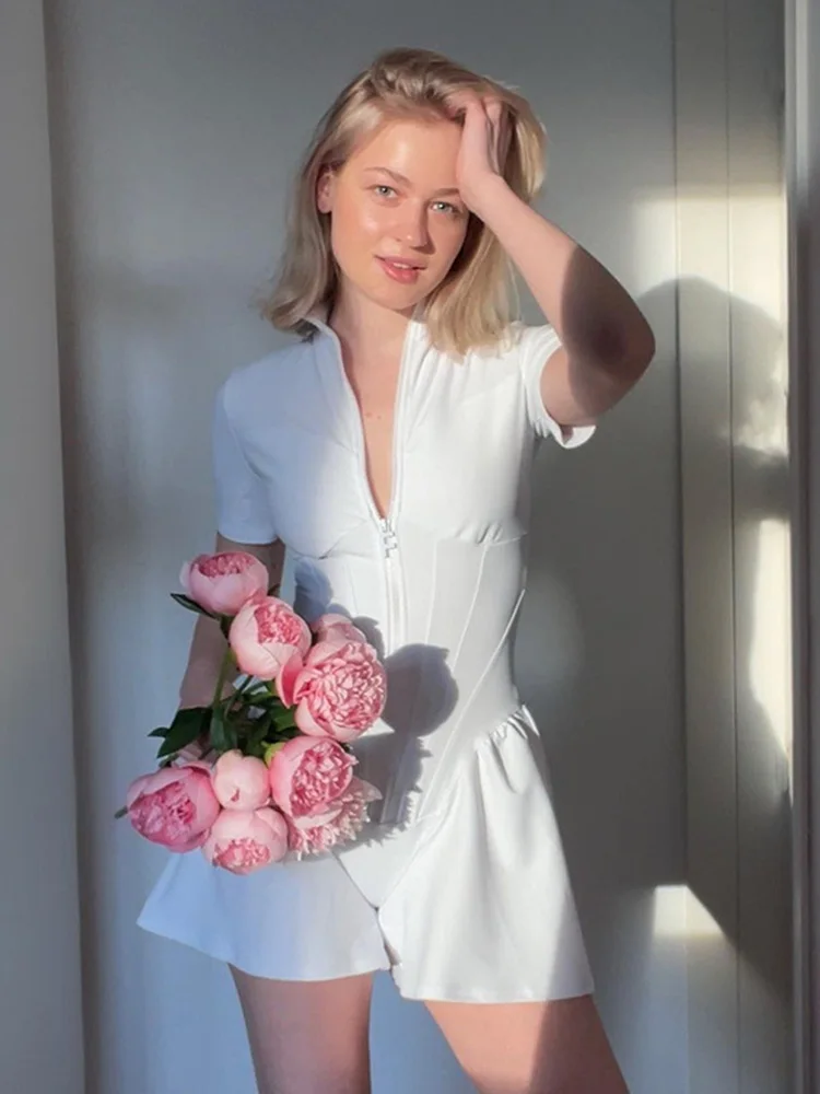 

Casual Regular Basic Fitness Zipper Playsuit Jumpsuits Women Rompers Short Sleeve Pure Color Sporty Overalls Female Streetwear