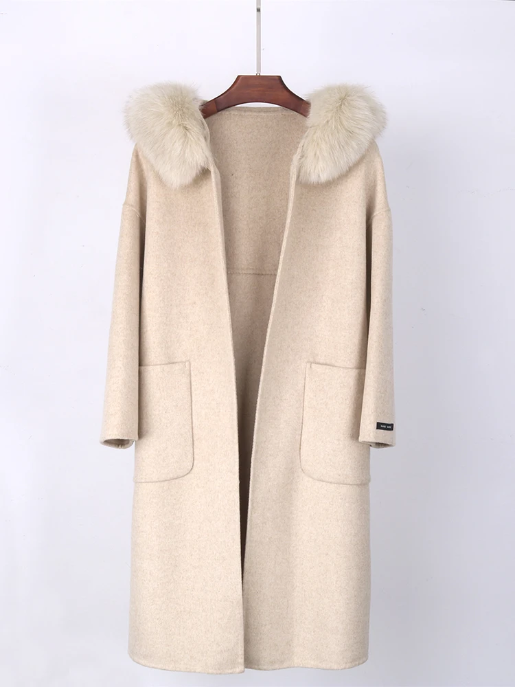 Winter Women Hooded Luxurious Real Fox Fur Coat Long Cashmere Double Faced Wool Jacket Ladies Fashion Streetwear Loose Clothing