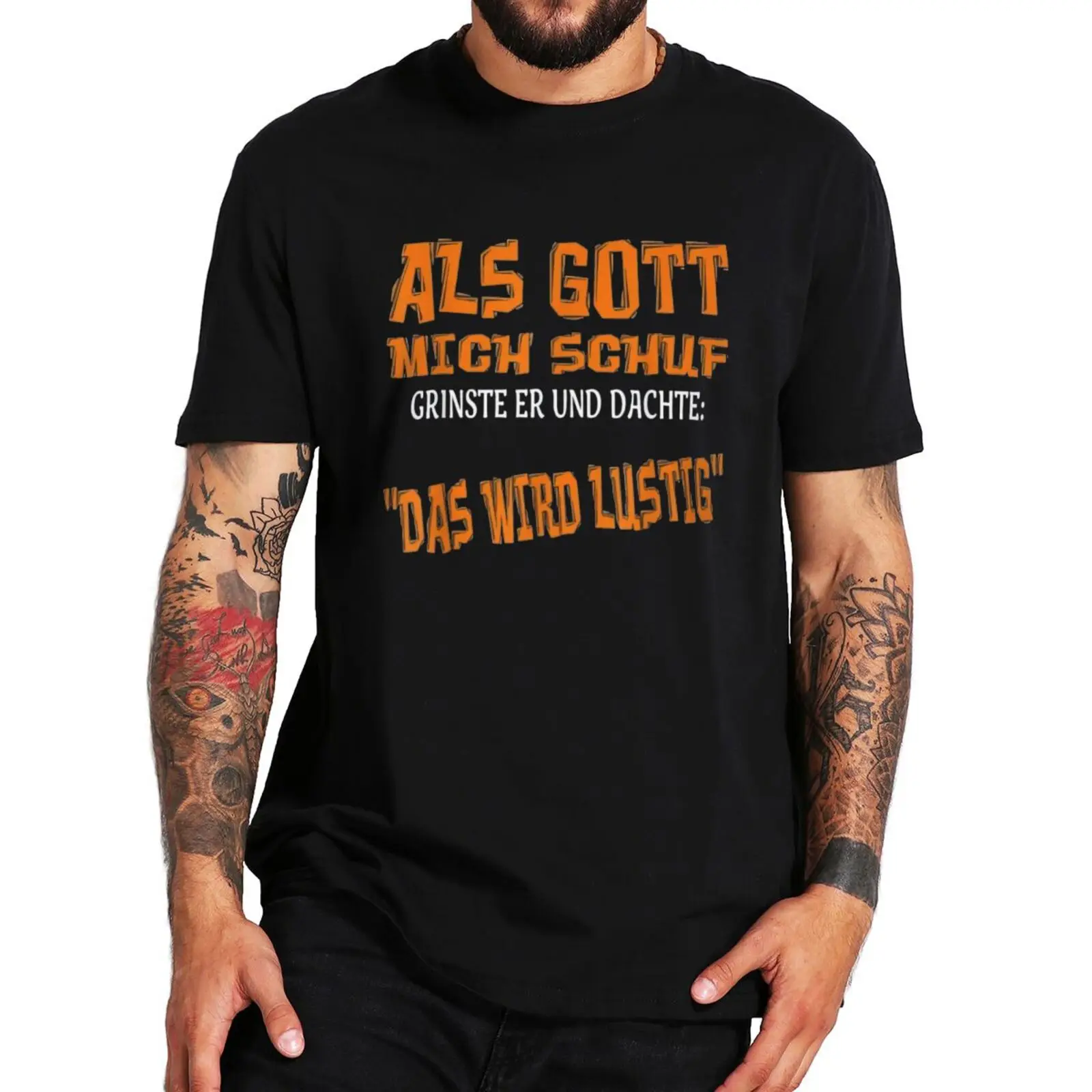 

Футболка с надписью «Когда Бог сделал меня», он улыбнулся», с немецким текстом, саркастическая смешная цитата, футболка из 100% хлопка, европейский размер, Мужская футболка
