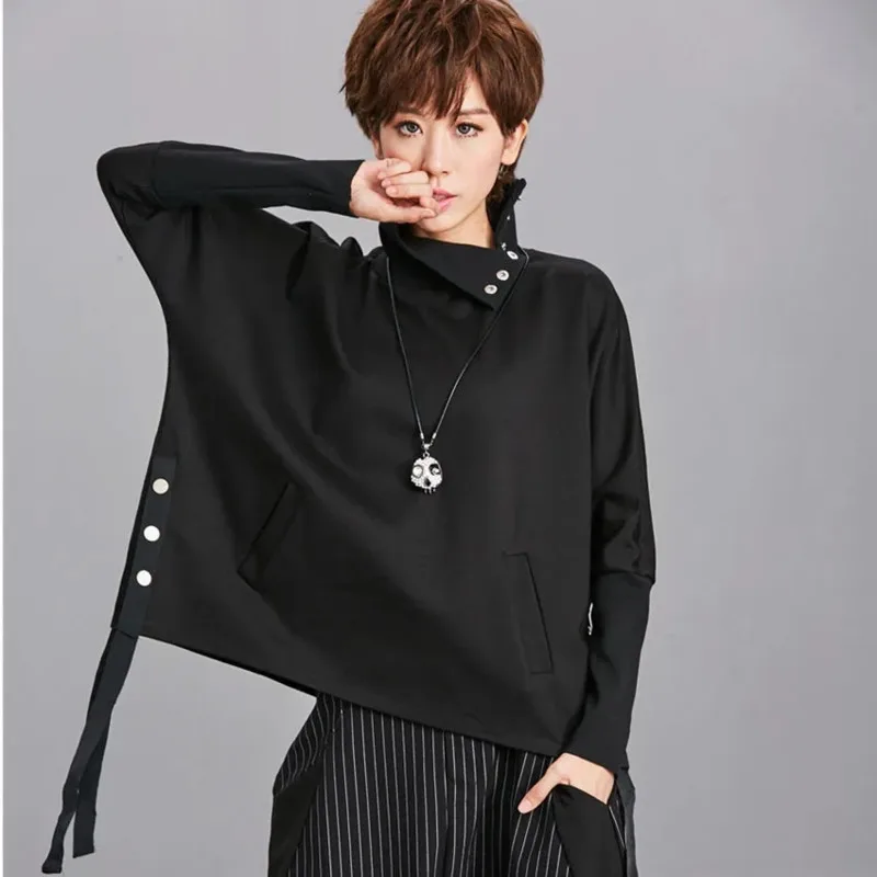 

Loose Fit Black Ribbon Split Sweatshirt New High Collar Long Sleeve Women Fashion Spring Autumn Street Irregular Europe America