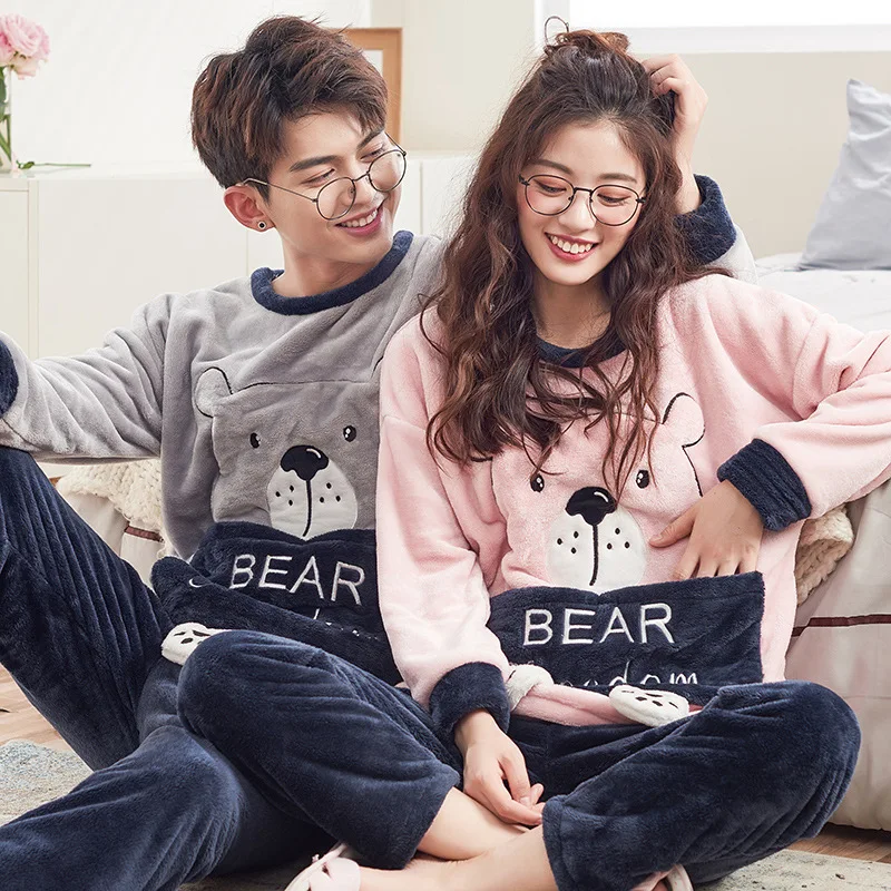 Flannel Pajamas Set for Couple Women Winter Thickening Men and Women's Pajamas Pullover Coral Fleece Long-sleeved Home Service