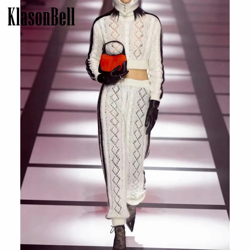 

11.9 KlasonBell Runway Contrast Color Striped Embroidery Letter Hollow Out Knit Pullover Sweater Or Straight Pants Set Women