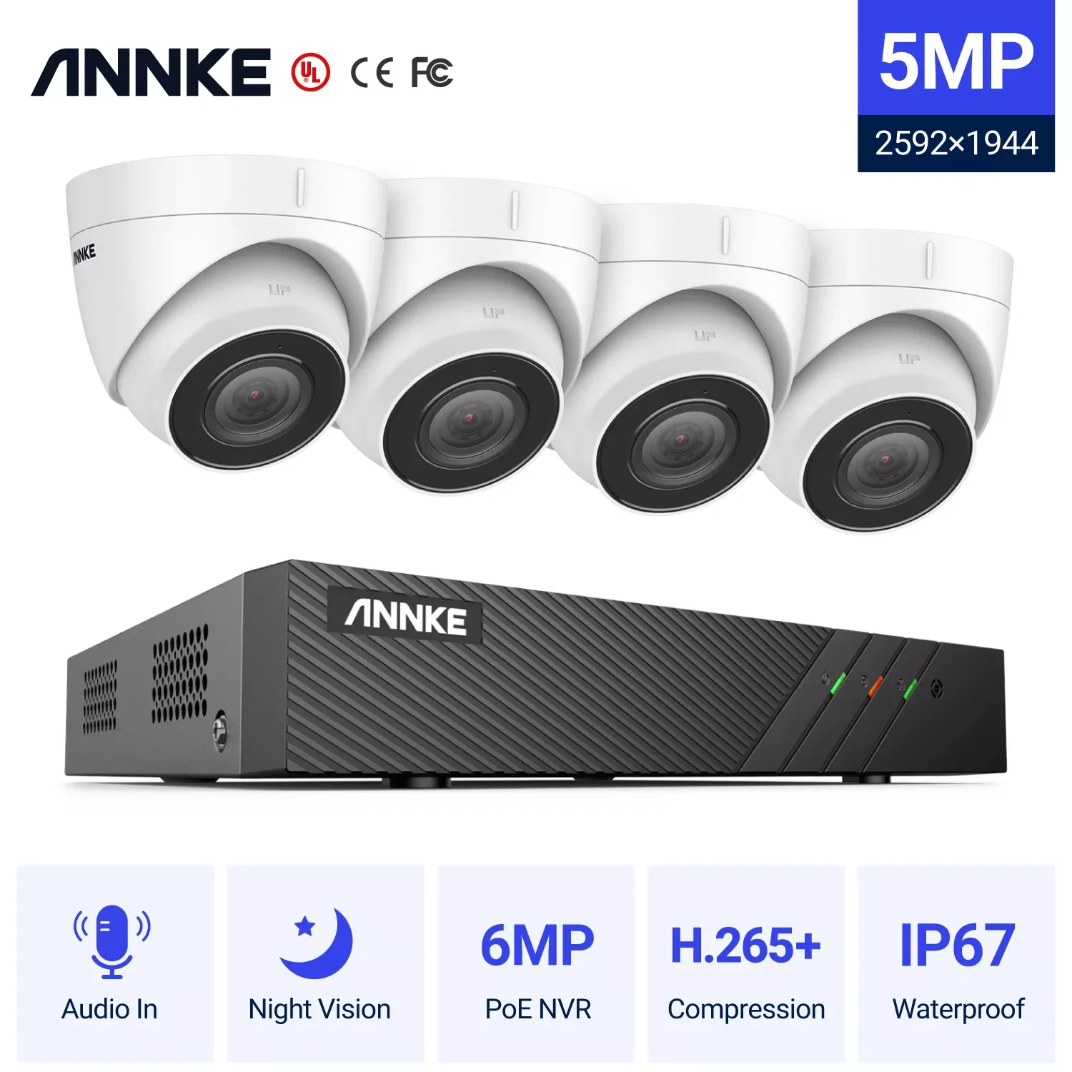 

ANNKE 5MP H.265+ Super HD PoE Network Video Security System 4pcs Waterproof Outdoor POE IP Cameras White Dome PoE Camera Kit