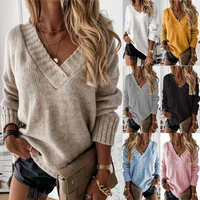 fashion womens clothing 2022 autumn and winter new solid color sweater womens v neck long sleeved pullover sweater top