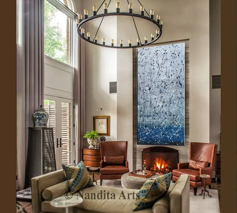 

Painting, Modern Art Jackson Pollock Style Large Abstract Painting Original Art on Canvas, Blue Wall Art Contemporary Nandita