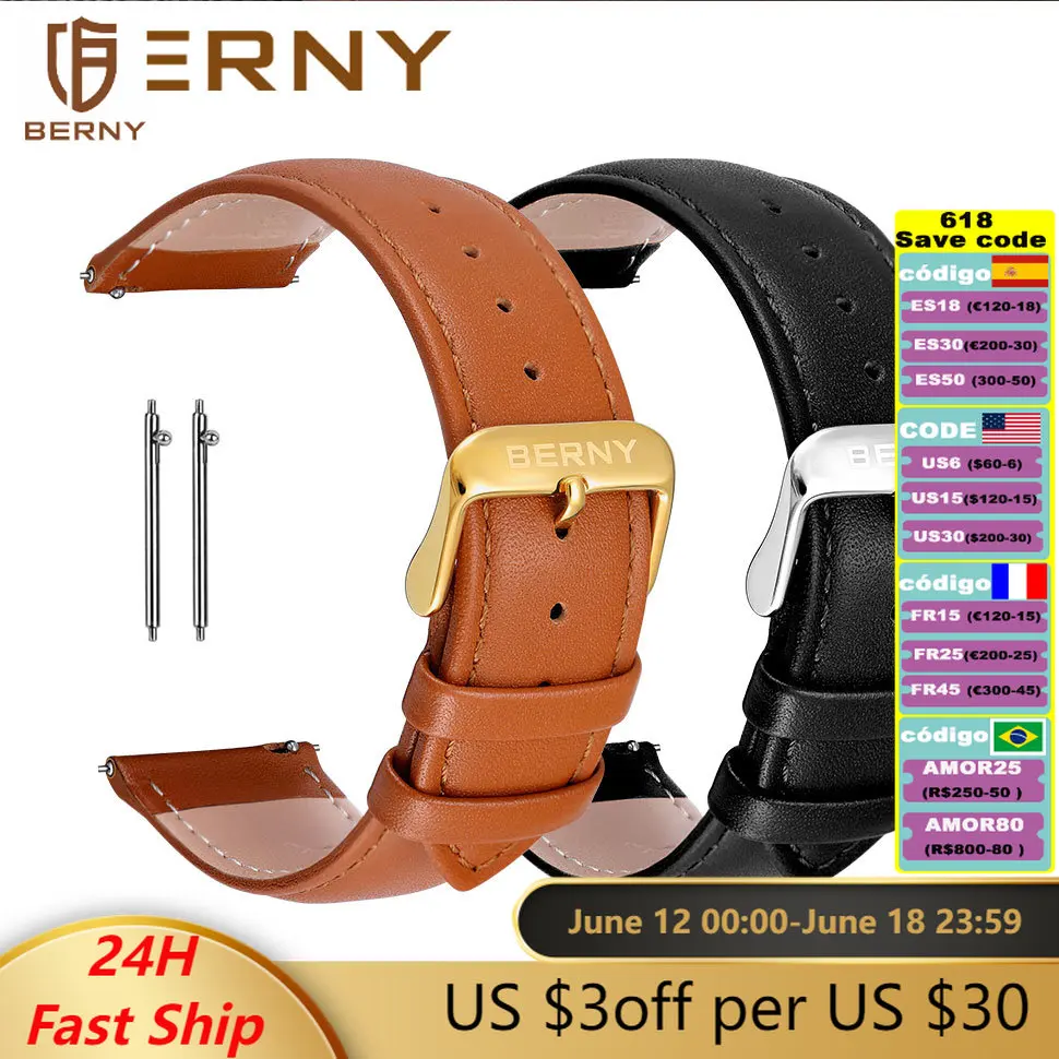 BERNY 100% Genuine Leather Watchbands 14/16/18/20/22mm Pin Grain Watch Strap Hygrosscopic and Breathable High Quality Watchbands