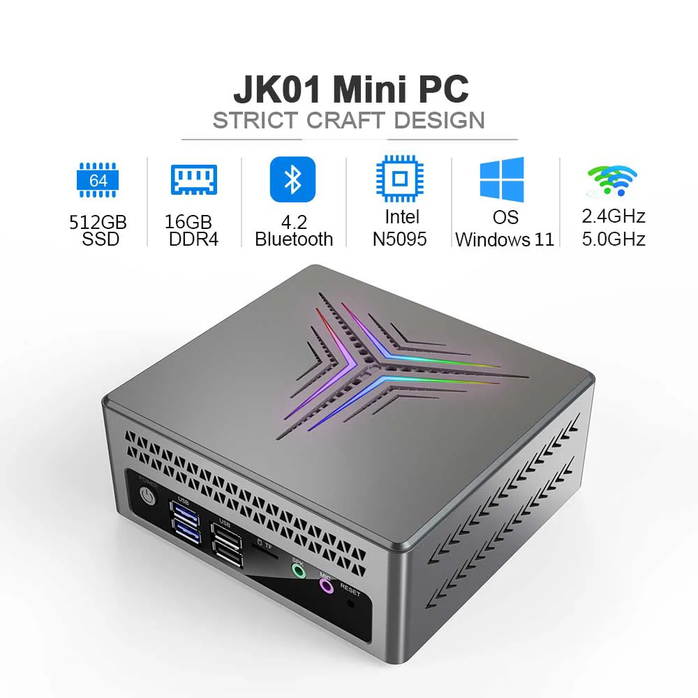 JK01 Intel N5095 Windows 11Pro  Mini PC 16GB DDR4 512GB Mini Desktop Compatible with Three Screens WiFi Bluetooth and HD-MI/VGA