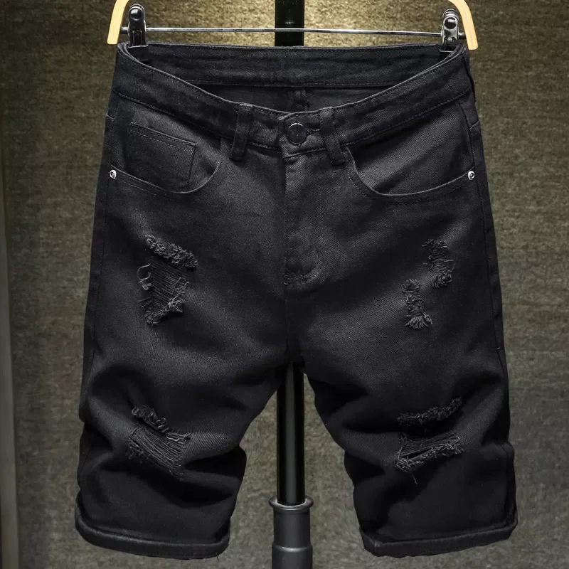 

Summer New Men's Ripped Denim Shorts Classic Style Black White Fashion Casual Slim Fit Short Jeans Male Brand