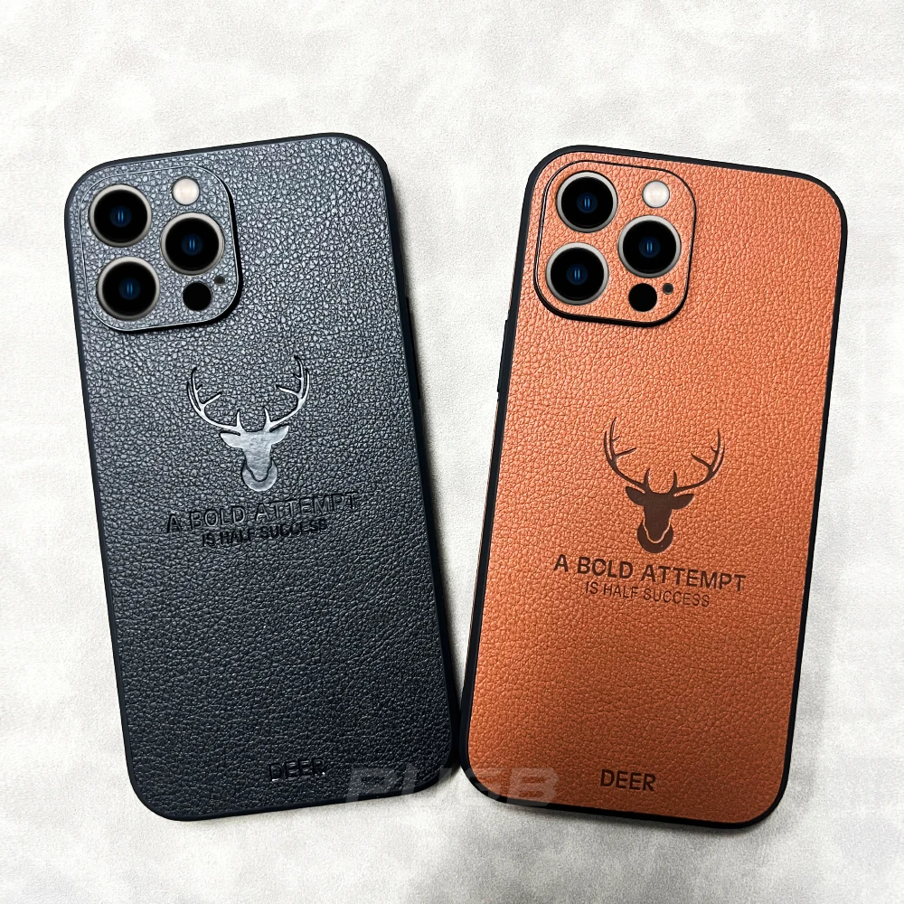 Luxury Leather Texture Square Frame Deer Case For iPhone 11 12 13 14 Pro Max Plus Mini X XR XS Silicone Bumper Shockproof Cover