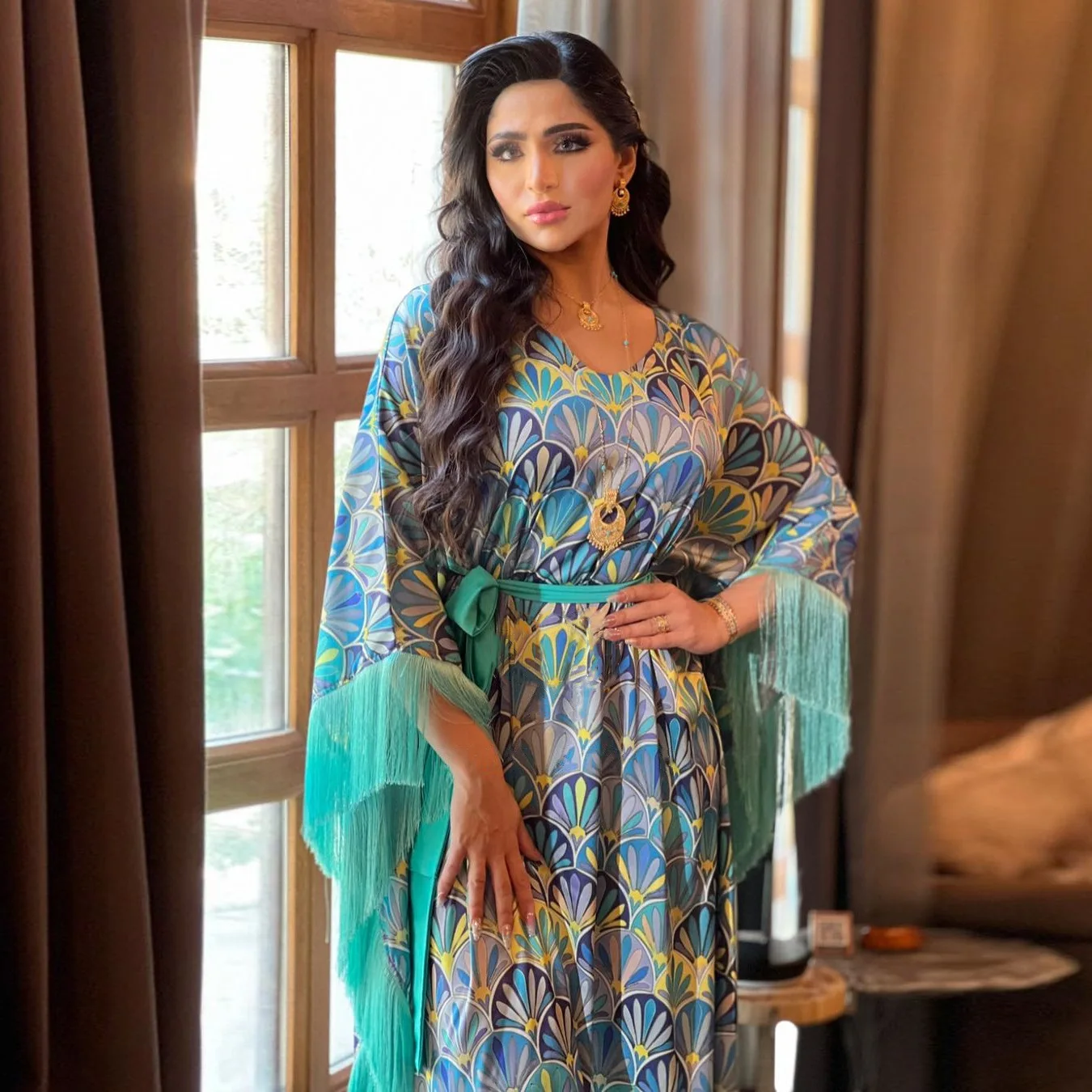 Floral Printing Party Evening Dress Bat Sleeve  Tassel Patchwork Belted Oversized Gown Banquet Kaftan Turkey Women Muslim Abaya