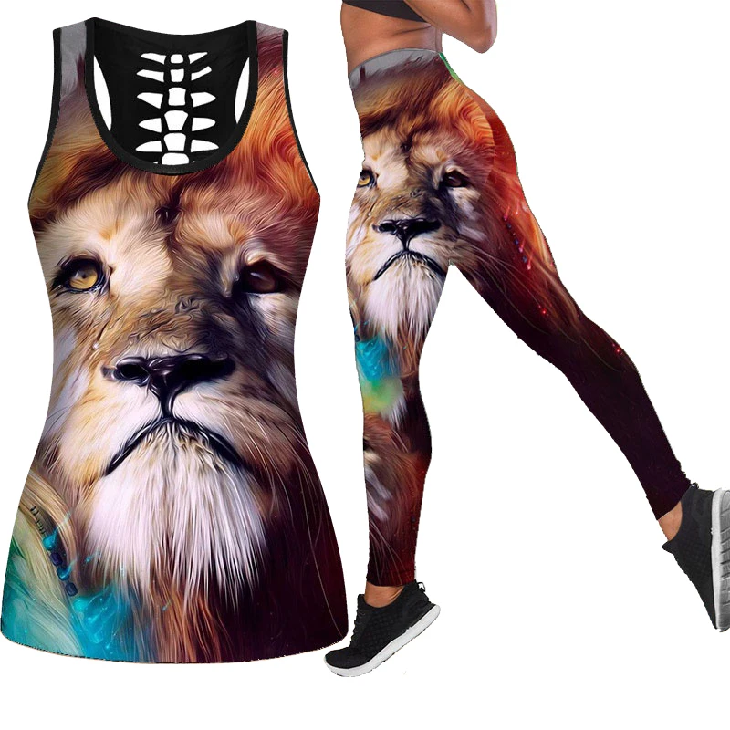 

Wild Animal Lion Hollow 3D Print Sleeveless Shirt Summer Vest for Women Plus Size Yoga Tank Tops Leggings Suit