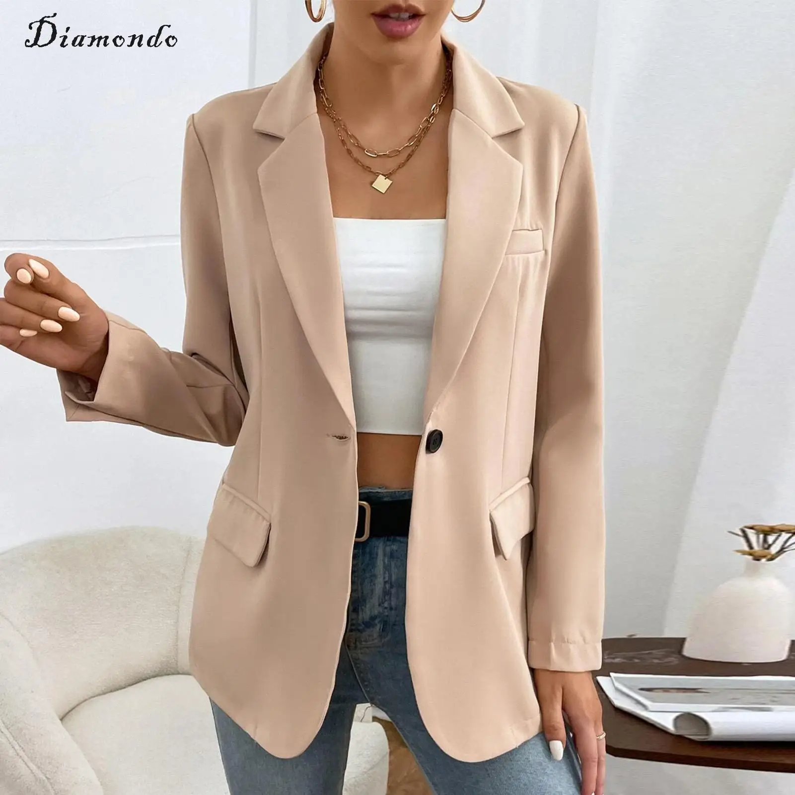

Women Long Sleeve Blazer OL Style Single Button Blazer Elegant Solid Color Simple with Pockets Office Lady Coat